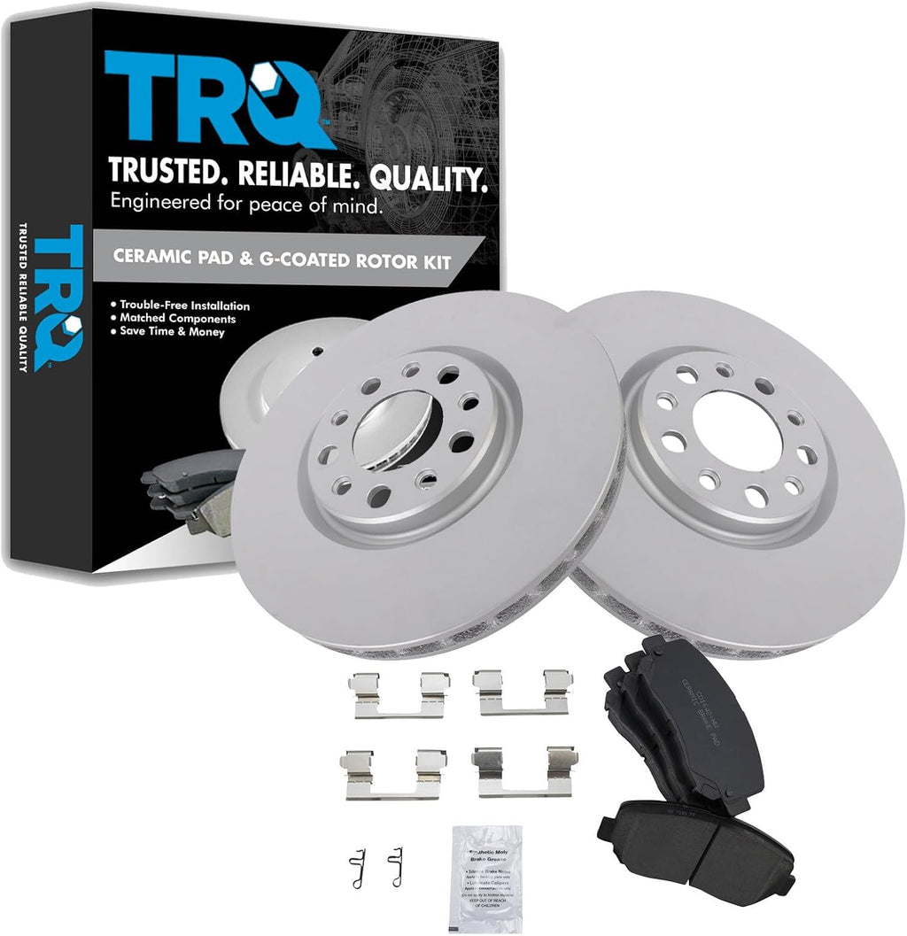 TRQ Front Brake Pad and Rotor Set Ceramic G Coated Vented Rotors Compatible with 2015-2017 Chrysler 200 2013-2016 Dodge Dart