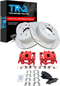 TRQ Performance Rear Brake Pad and Rotor Set Ceramic Drilled Slotted Coated Rotors Calipers Compatible with 14-18 Infiniti Q50 Q70 QX60 2018 Q60 11-18 Nissan Murano 11-17 Quest 13-20 Pathfinder
