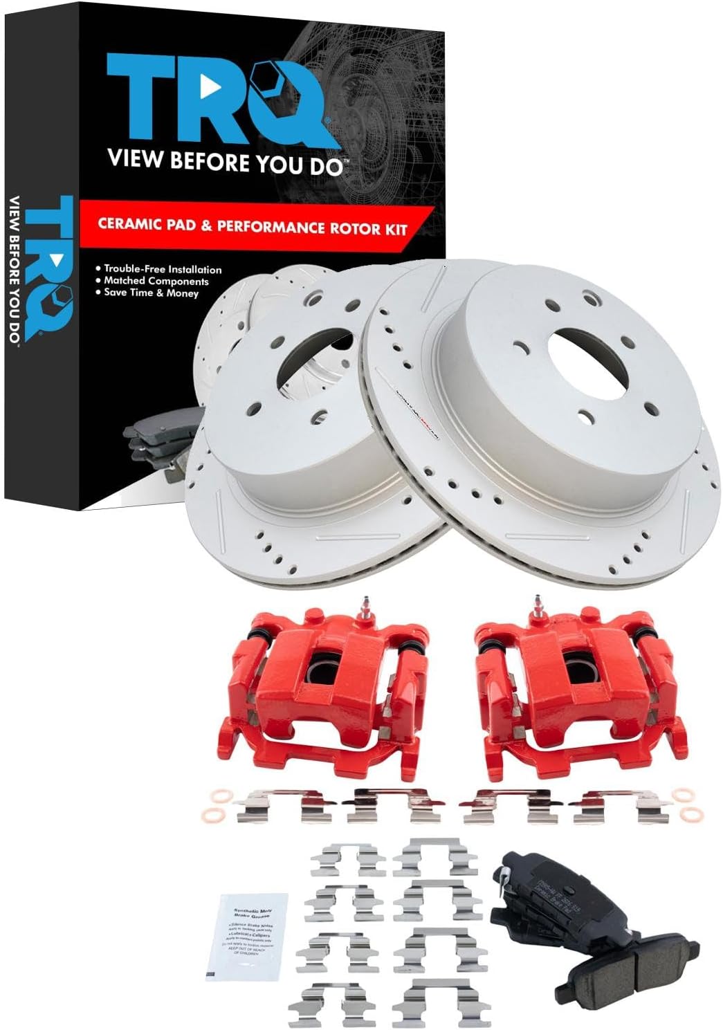 TRQ Performance Rear Brake Pad and Rotor Set Ceramic Drilled Slotted Coated Rotors Calipers Compatible with 14-18 Infiniti Q50 Q70 QX60 2018 Q60 11-18 Nissan Murano 11-17 Quest 13-20 Pathfinder