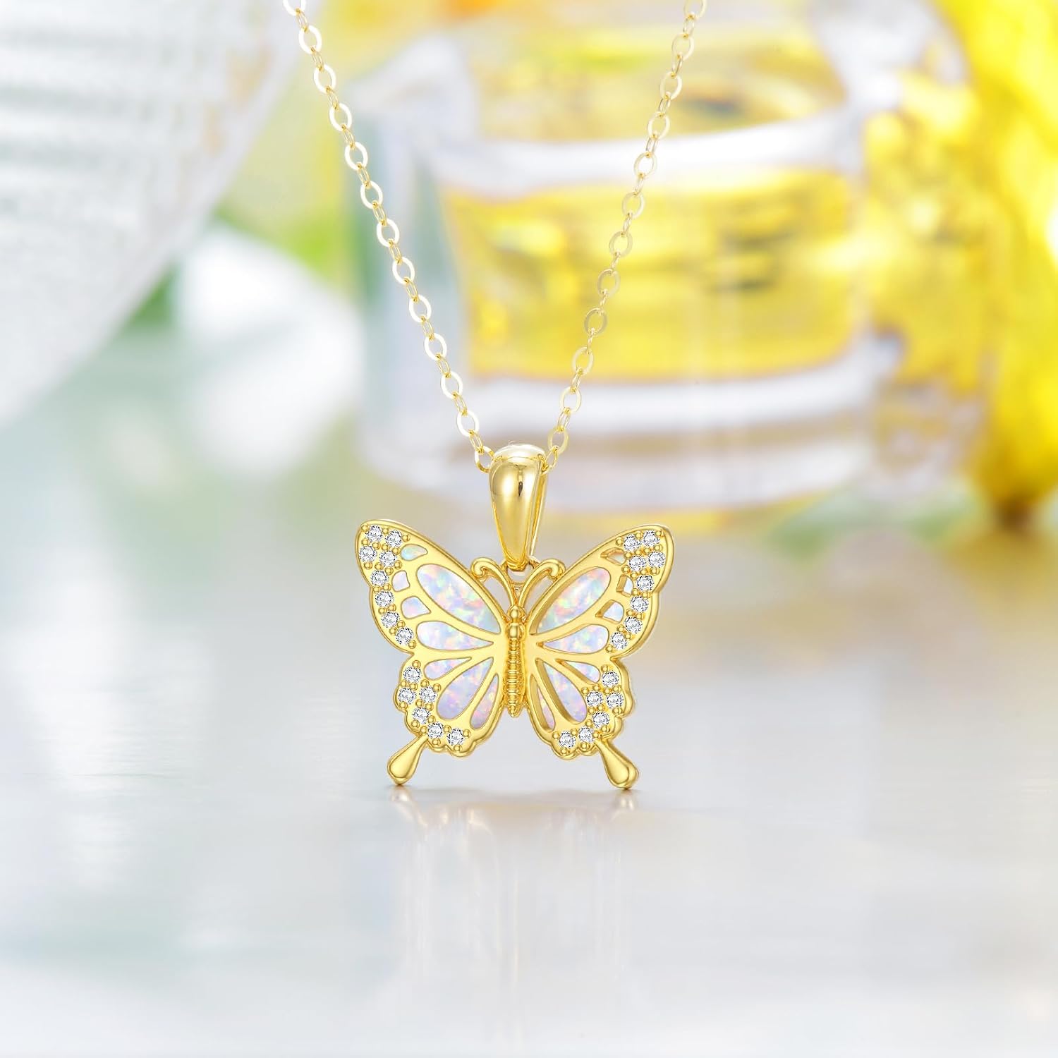 DOVRAN Real Solid Gold Birthstone Butterfly/Dragonfly/Bee/Hummingbird Necklace for Women Yellow Gold Animal Pendant for Christmas Dainty Jewelry Birthday Gifts for Mom Wife
