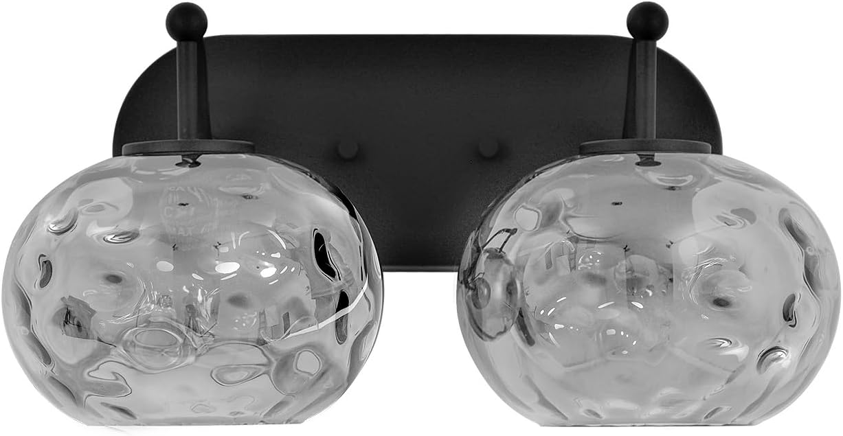 Matte Black Vanity Light Smoked Grey Hammered Glass Wall Sconce 2-Light Modern Mid-Century Wall Lamp for Hallway Living Room Stairwell Bathroom Over Mirror