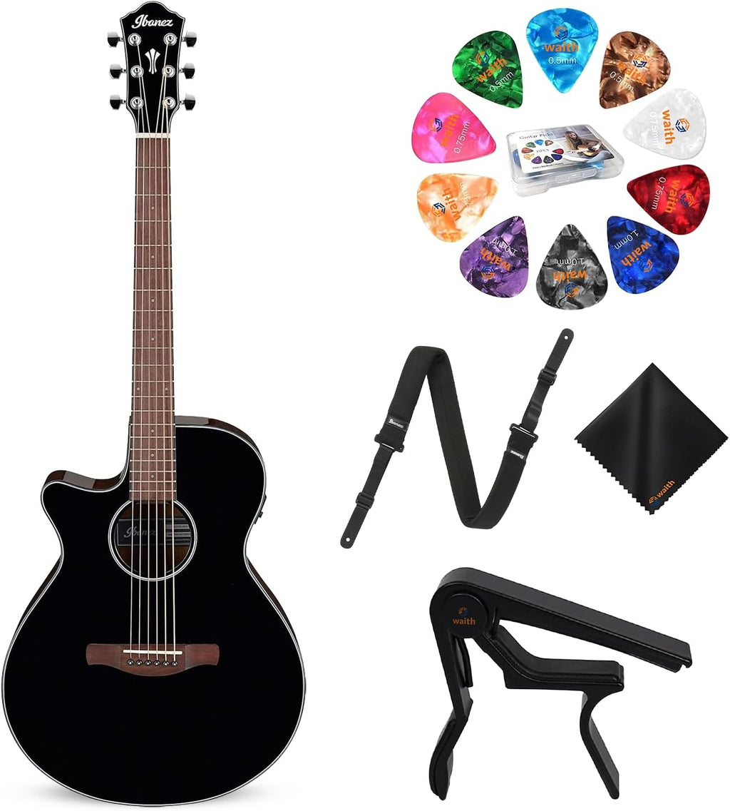 Ibanez AEG50L Left-Handed Acoustic-Electric Guitar - Black High Gloss Guitar with GSF50 Powerpad Strap, String Capo, 15 Pack Guitar Picks with Storage Box, and Microfiber Cleaning Cloth - Bundle Kit