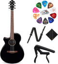 Ibanez AEG50L Left-Handed Acoustic-Electric Guitar - Black High Gloss Guitar with GSF50 Powerpad Strap, String Capo, 15 Pack Guitar Picks with Storage Box, and Microfiber Cleaning Cloth - Bundle Kit