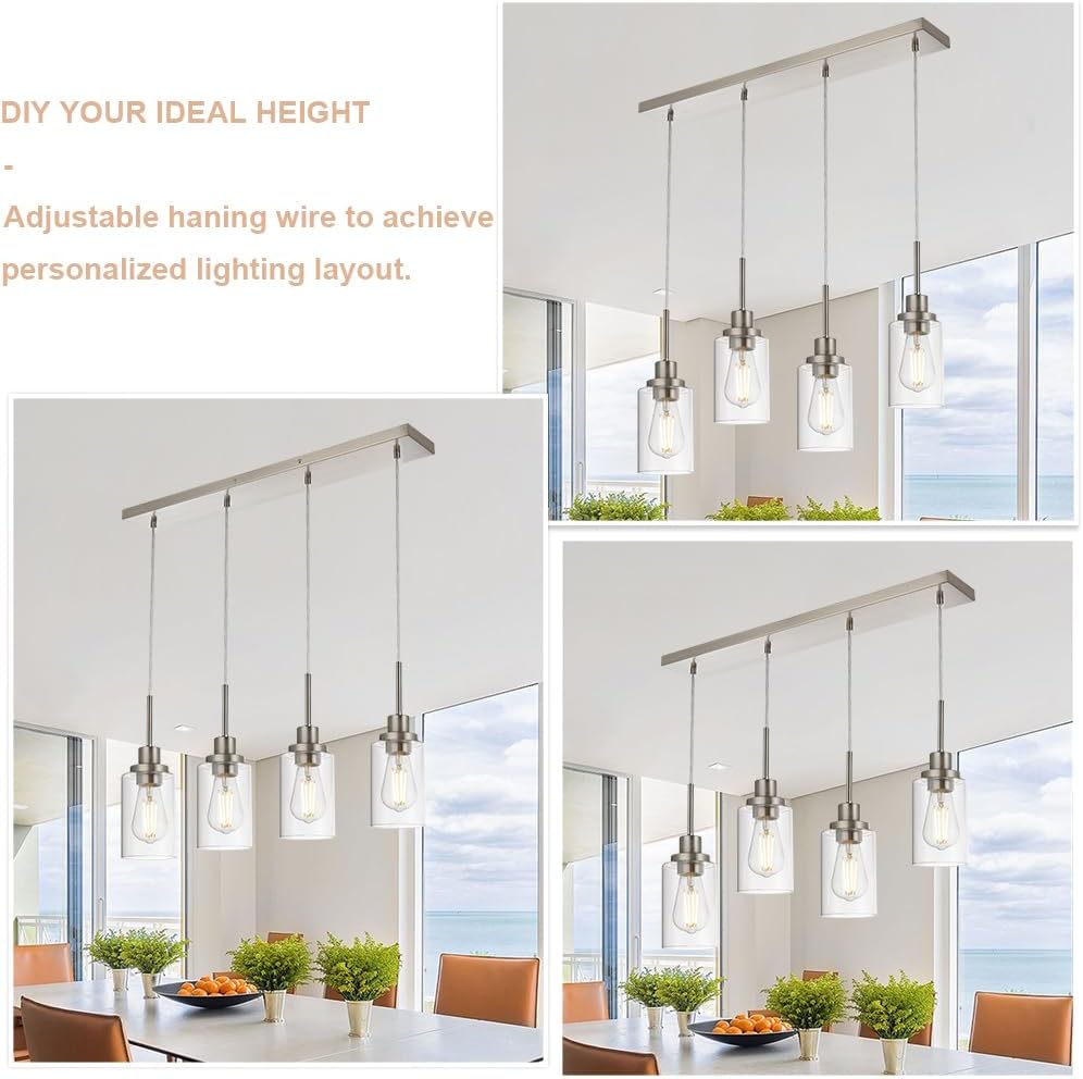 4-Lights Pendant Light Fixtures, Modern Brushed Nickel Kitchen Island Lighting with Clear Glass Shade, Adjustable Hanging Ceiling Lamp