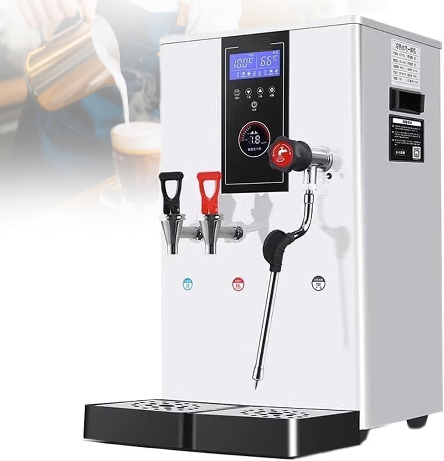 Commercial Steam Milk Frother & Hot Water Boiler,3000w 20l Large Capacity,Dual Hot/Cold Outlets,LED Display,360° Steam Wand,For Coffee Shops,Bubble Tea Stores(50l/H Output,304 Stainless Steel) White
