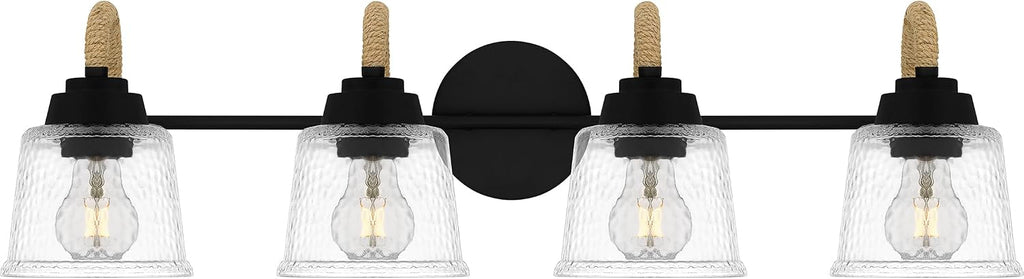 Quoizel Seabreeze Bath Vanity Lights,31 Inch 4-Light Matte Black Coastal-Inspired Lighting Fixtures Over Mirror, Clear Hammered Glass, 100W, Transitional Wall Light for Bathroom, Dresser or Sink
