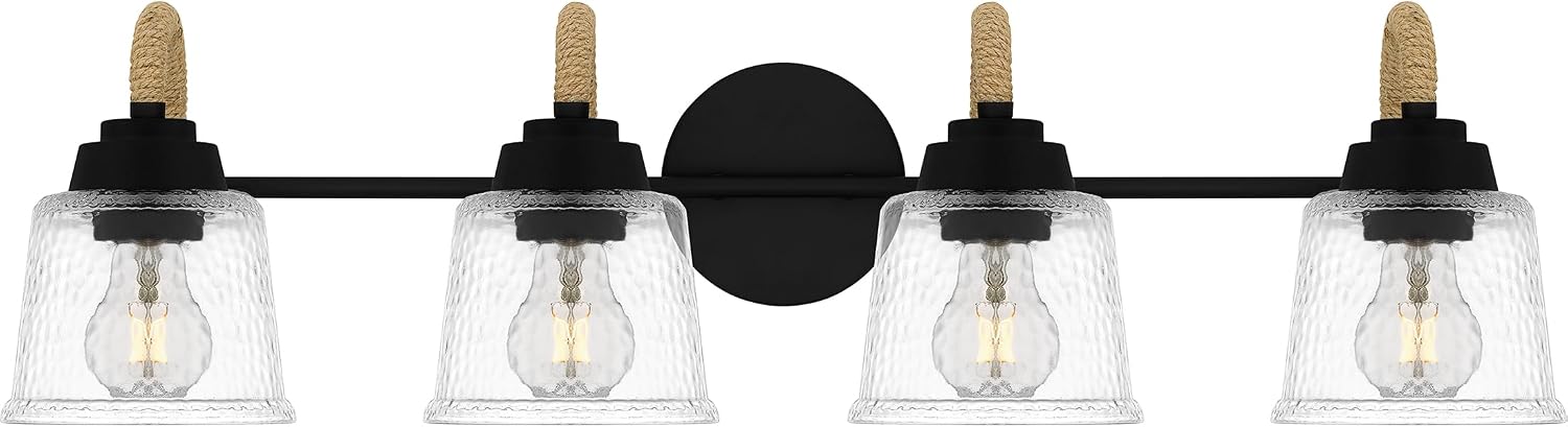 Quoizel Seabreeze Bath Vanity Lights,31 Inch 4-Light Matte Black Coastal-Inspired Lighting Fixtures Over Mirror, Clear Hammered Glass, 100W, Transitional Wall Light for Bathroom, Dresser or Sink