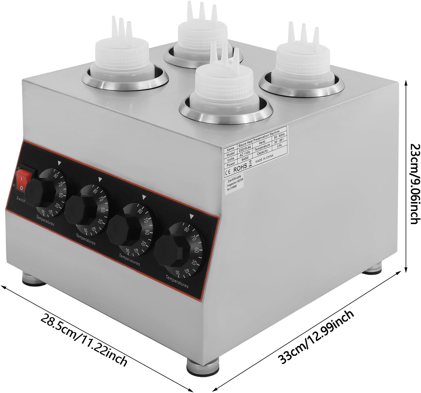 Electric Sauce Warmer Dispenser, 4 Bottle Stainless Steel Countertop Chocolate & Cheese Warmer Machine with Adjustable Temperature (86-185°F), Water Bath Heating for Restaurants, Home, Cafes