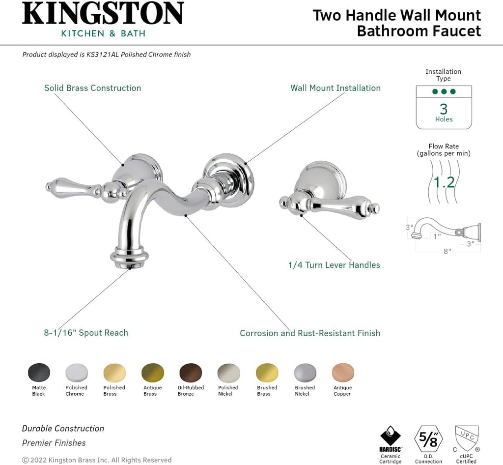 Kingston Brass KS3121AL Vintage 2-Handle Wall Mount Bathroom Faucet, Polished Chrome