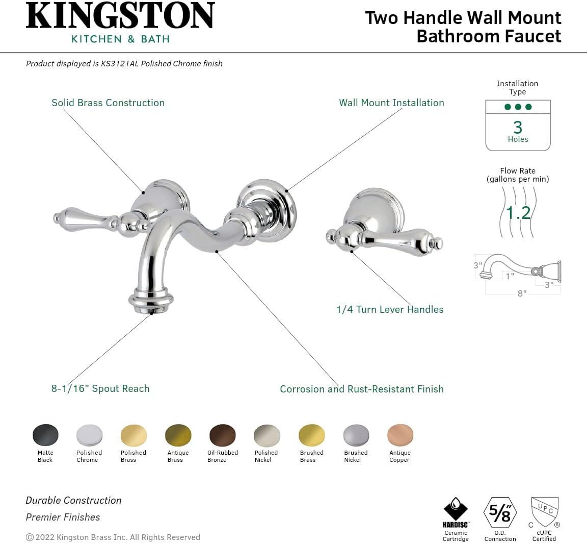 Kingston Brass KS3121AL Vintage 2-Handle Wall Mount Bathroom Faucet, Polished Chrome