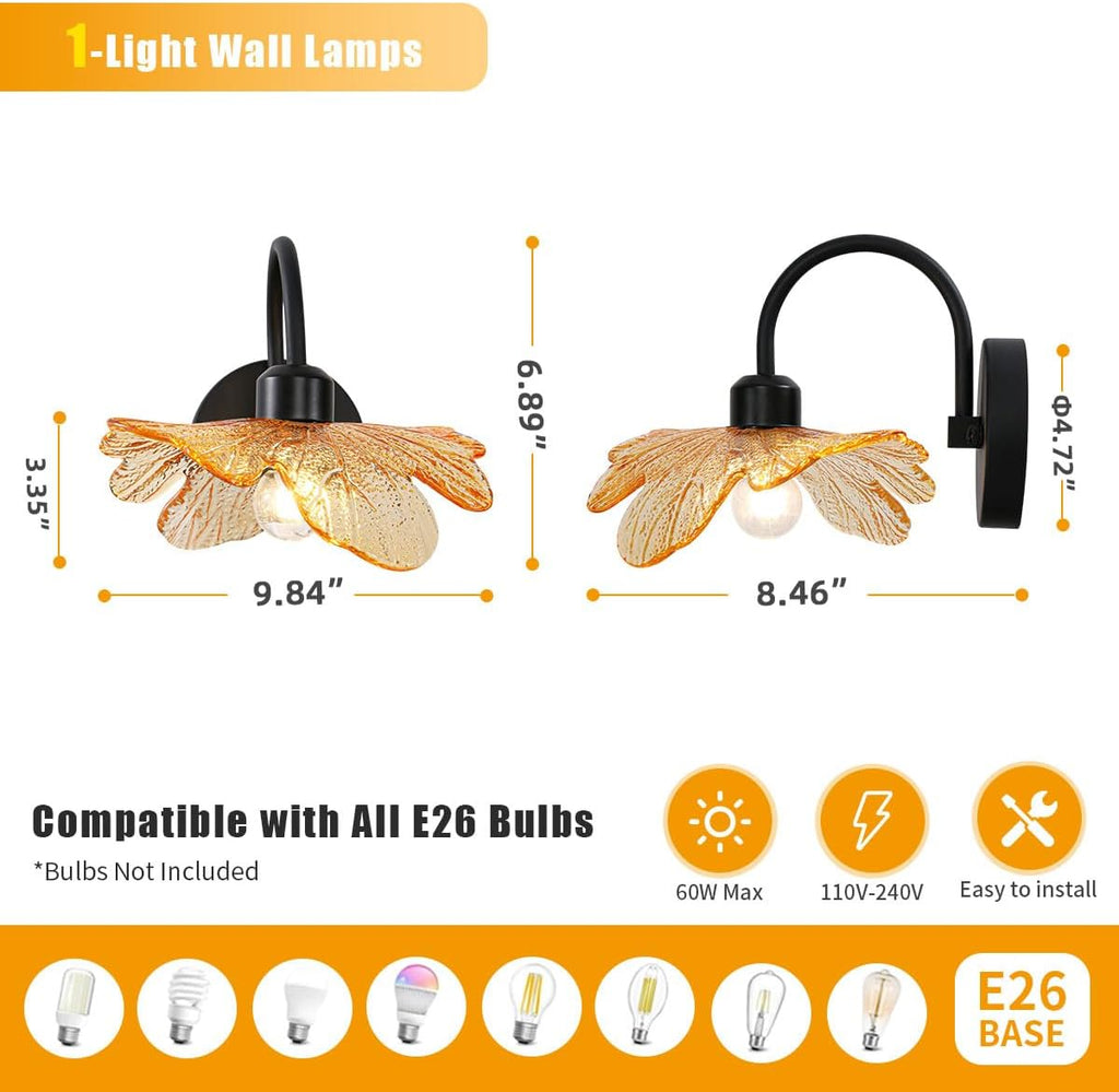 Bathroom Sconces Set of 2 Black Bathroom Vanity Light Over Mirror, Modern Wall Light Fixture with Amber Glass Shade Flower Art Deco Wall Sconce Vintage Wall Sconces for Bedroom Living Room