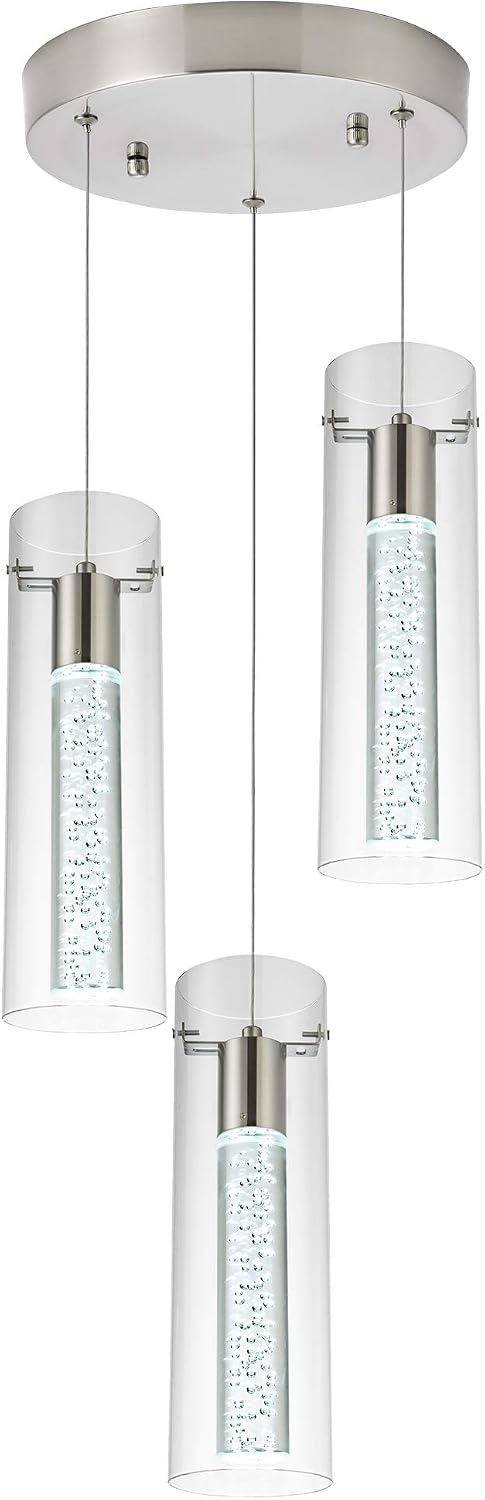 Kitchen Lighting Pendant Fixtures 3-Light LED Pendant Ceiling Fixture Brushed Nickel Bubble Cylinder Pendant Light with Adjustable Length for Kitchen Island Dinning Room Bedroom