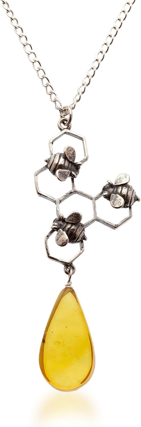NOVICA Artisan Handmade Amber Pendant Necklace Sterling Silver Bees Honeycomb Yellow Mexico Oak Buff Animal Themed Bug [20.5 in L 1 mm W Pendant(s) 2 in L x 0.8 in W x 0.2 in D] ' Sweet Honey'