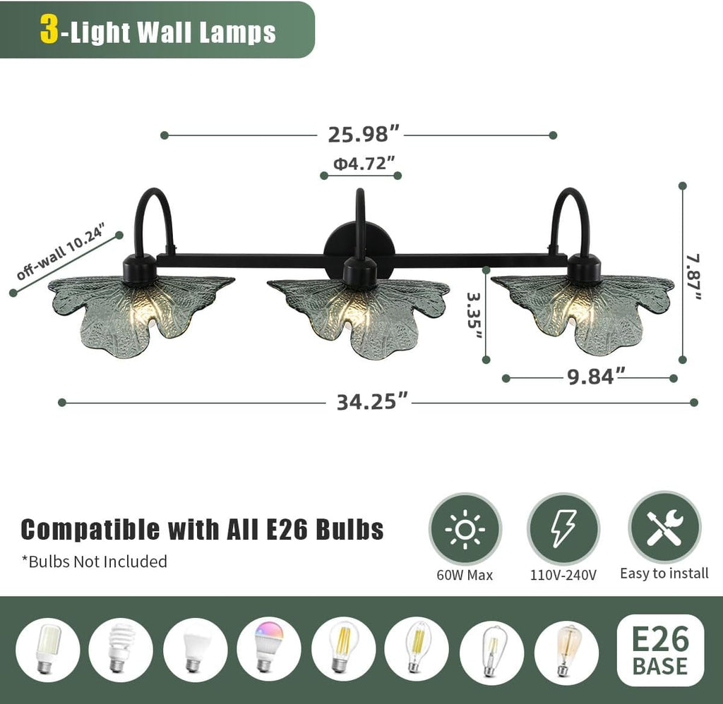 Black Bathroom Vanity Light mid Century Wall Sconce 3-Light Bathroom Wall Light Wall lamp with Dark Green Glass Shade Mirror Black Vanity Light Over Mirror for Bedroom Hallway Living Room