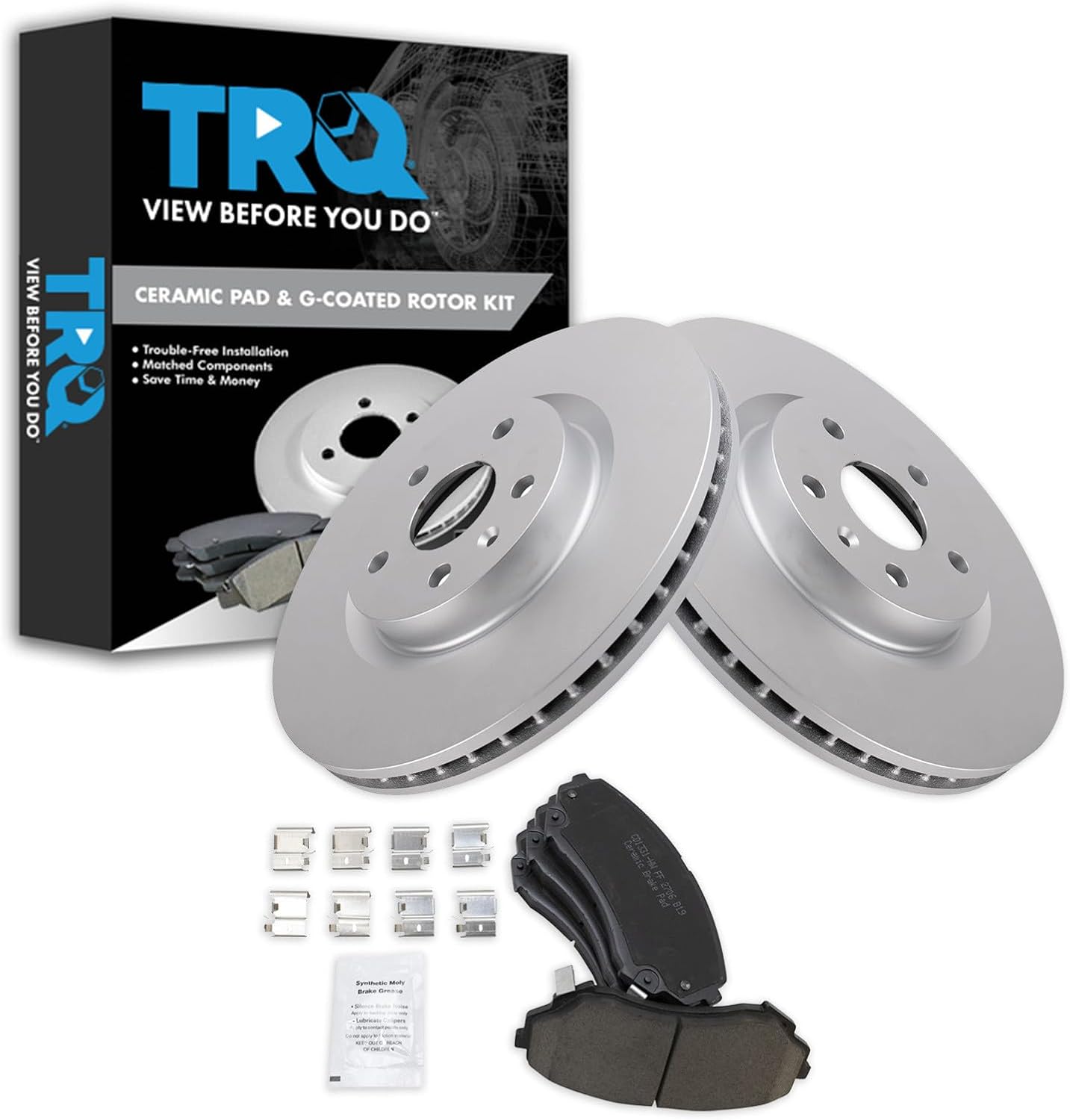 TRQ Front Brake Pad and Rotor Set Ceramic Coated Vented Rotors Compatible with 2008-2014 Cadillac CTS