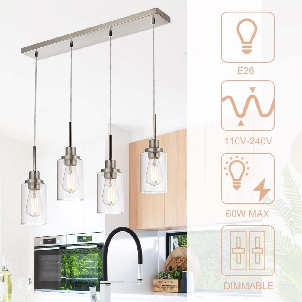 4-Lights Pendant Light Fixtures, Modern Brushed Nickel Kitchen Island Lighting with Clear Glass Shade, Adjustable Hanging Ceiling Lamp