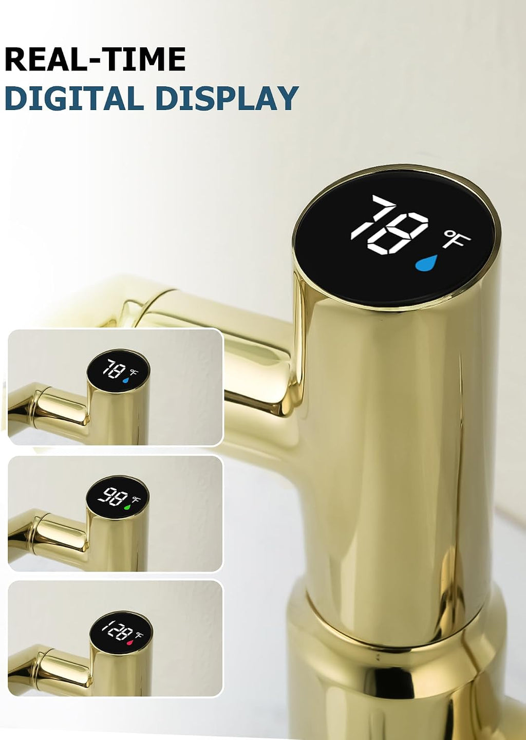 Lefton Rotatable Bathroom Faucet with Temperature Display in Fahrenheit (Batteries-Free), 3 Water Outlet Modes, Polished Gold, BF2204-5