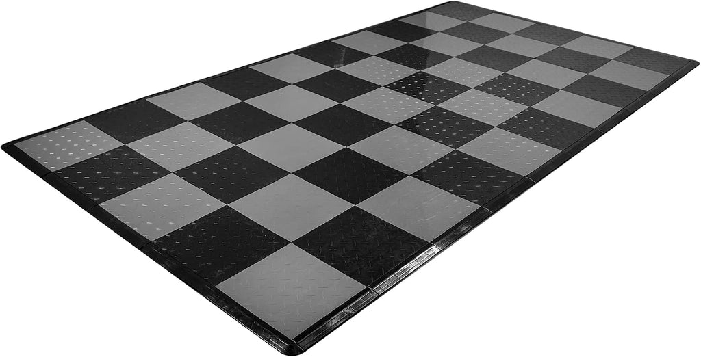 IncStores ⅜ Inch Thick Nitro Interlocking Garage Floor Tiles | Plastic Floor Tile Set for Parking, Protecting, and Displaying Motorcycles | 12'x12' Tiles, Diamond-Top, Black/Graphite