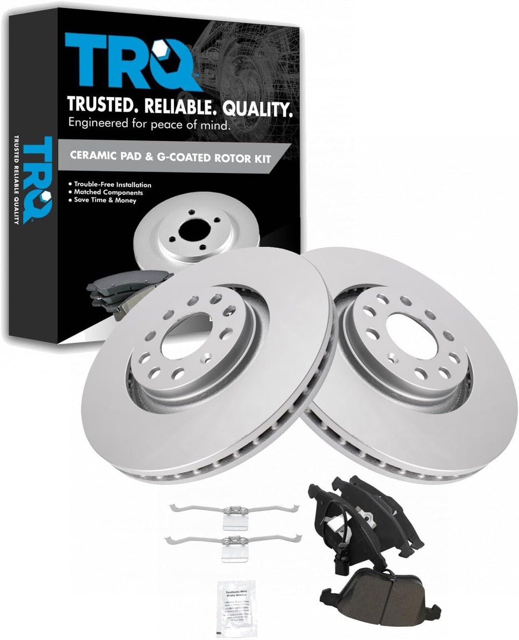 TRQ Front Brake Pad and Rotor Set Ceramic G Coated Vented Rotors Compatible with 2005-2009 Audi A4 A4 Quattro