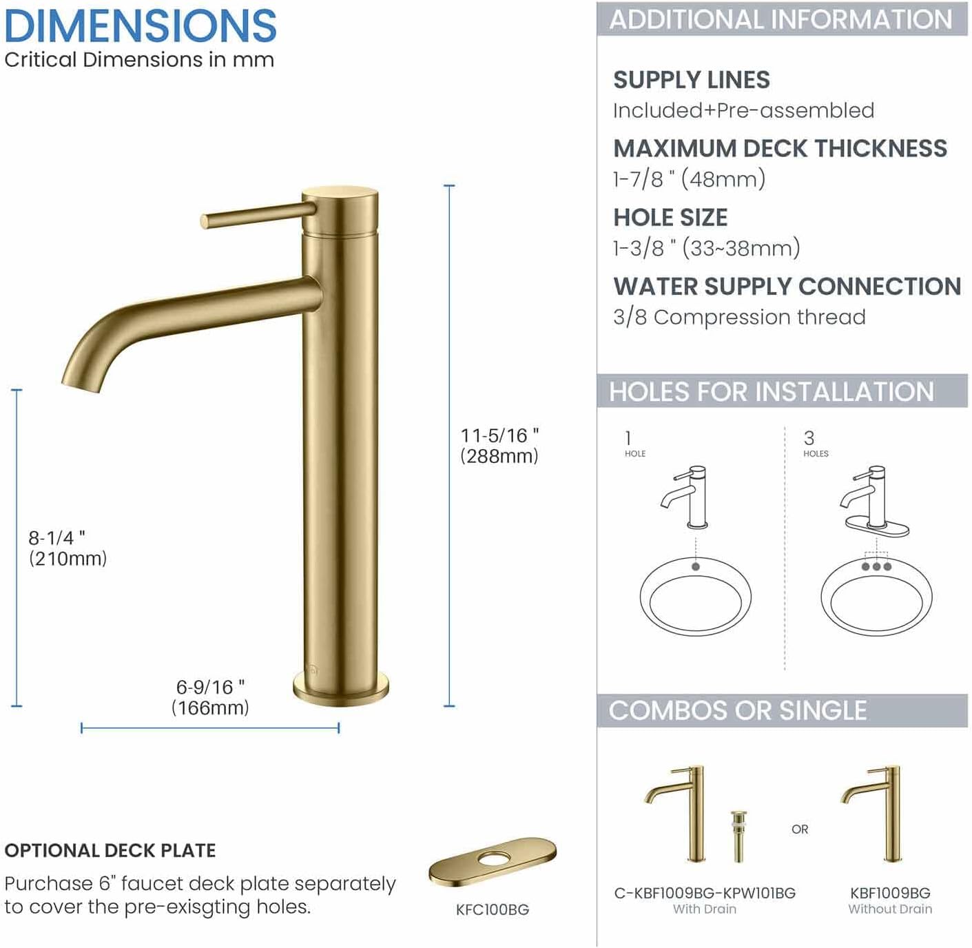 KIBI KBF1009 Solid Brass Single Handle Single Hole Circular Faucet for Bathroom Sink | High Arc Faucet Spout Design | Corrosion and Rust Resistant | Brushed Gold