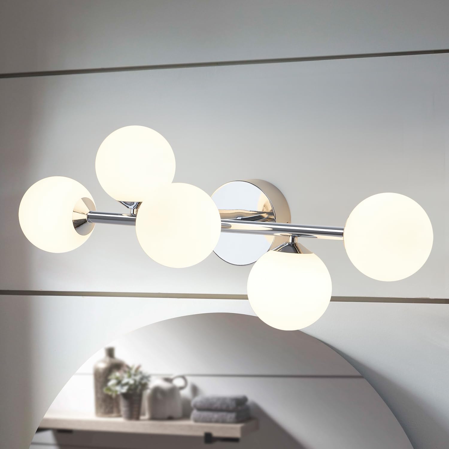 Mid Century Modern Bathroom Vanity Lights - 5-Light Chrome Dimmable LED Fixtures with Frosted Milk Glass, Wall Sconces Included