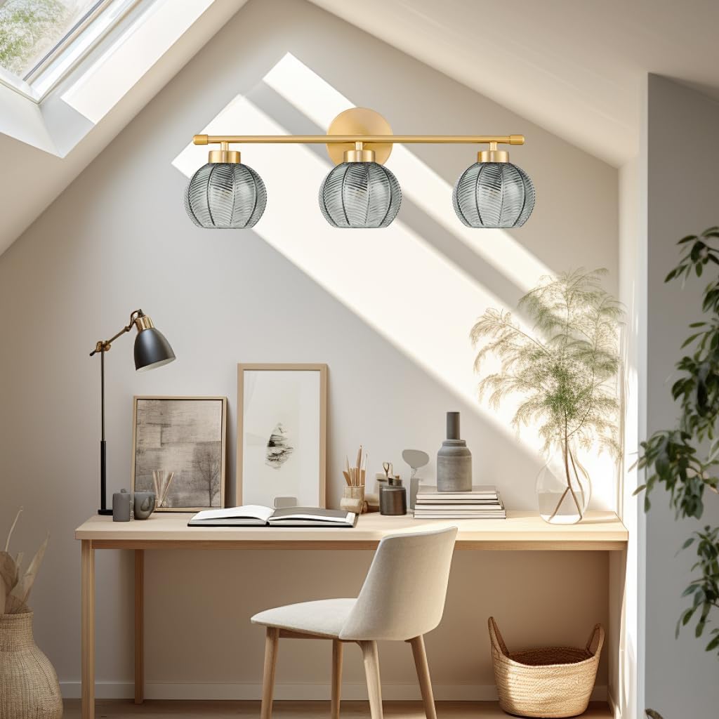 Modern 3 Lights Wall Sconce Lighting, Vintage Bathroom Light Fixtures Gold Vanity Light, Farmhouse Green Glass Wall Lamp, Porch Wall Mount Light for Mirror Living Room Bedroom