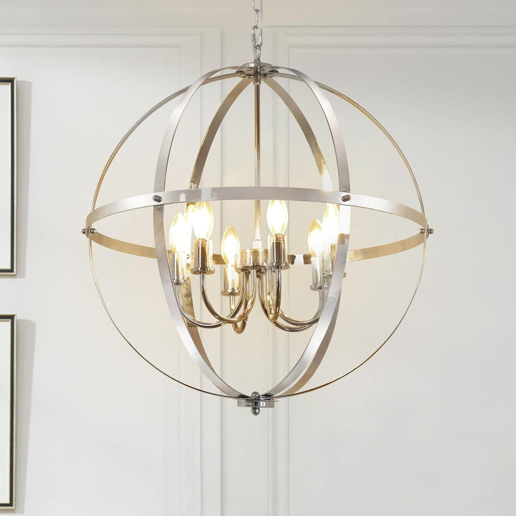 DLLT 6-Light Chrome Globe Pendant Light Fixtures, Industrial Sphere Pendant Lighting Over Island for Dining Room Foyer