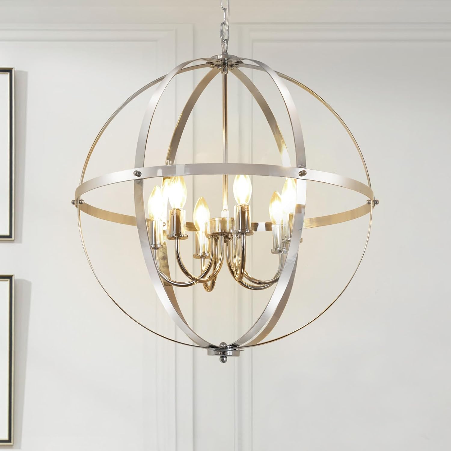DLLT 6-Light Chrome Globe Pendant Light Fixtures, Industrial Sphere Pendant Lighting Over Island for Dining Room Foyer