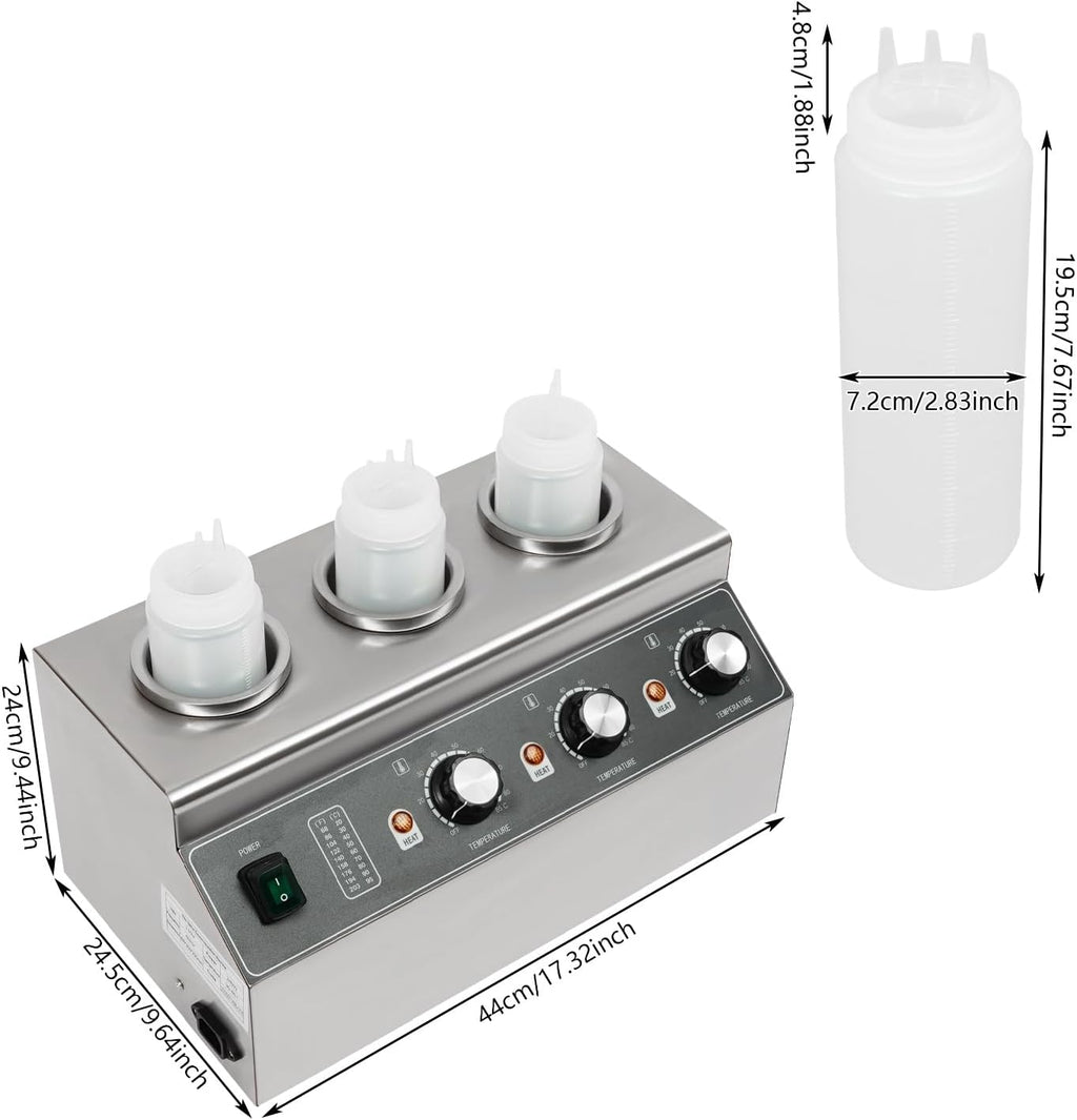 Electric Sauce Warmer Dispenser, 240W Countertop Stainless Steel Jam Heat Preservation Machine with 3x680ml Squeeze Bottle, Commercial Hot Fudge Dispenser Warmer for Nacho Cheese Ketchup (3 Bottle)