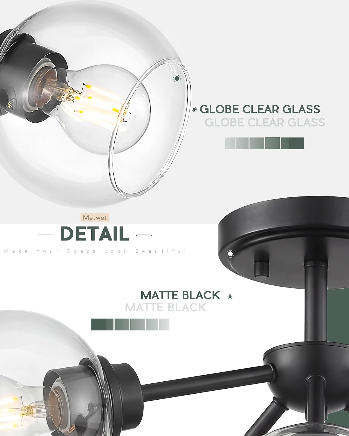 6-Light Semi Flush Mount Ceiling Light, 22' Modern Light Fixtures Ceiling Mount with Globe Clear Glass Shade, Matte Black Light Fixtures for Kitchen Entryway Bedroom, SM195-MB-6