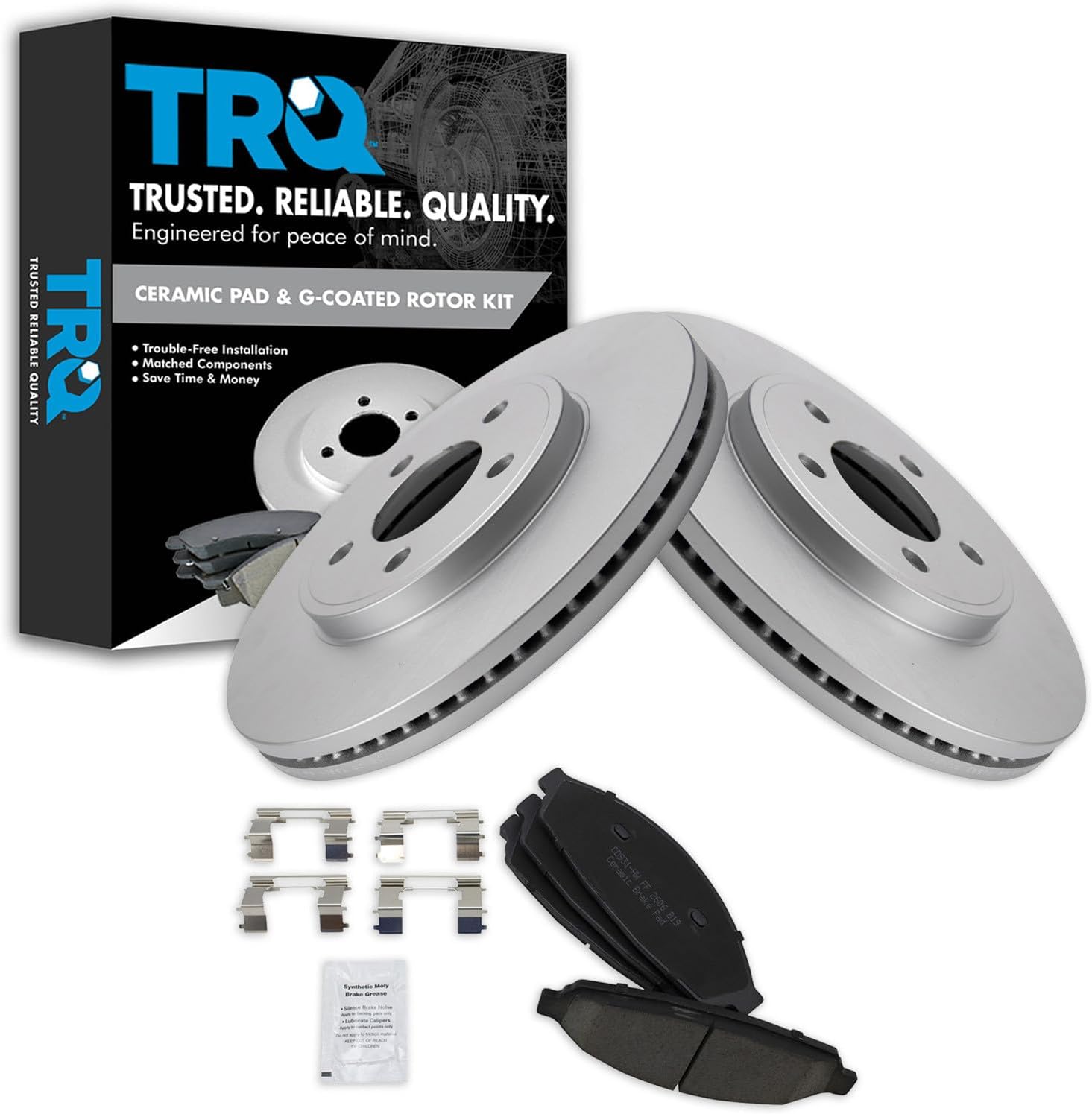 TRQ Front Brake Pad and Rotor Set Ceramic G Coated Rotors Compatible with 2003-2011 Ford Crown Victoria Lincoln Town Car Mercury Grand Marquis 2003-2004 Marauder