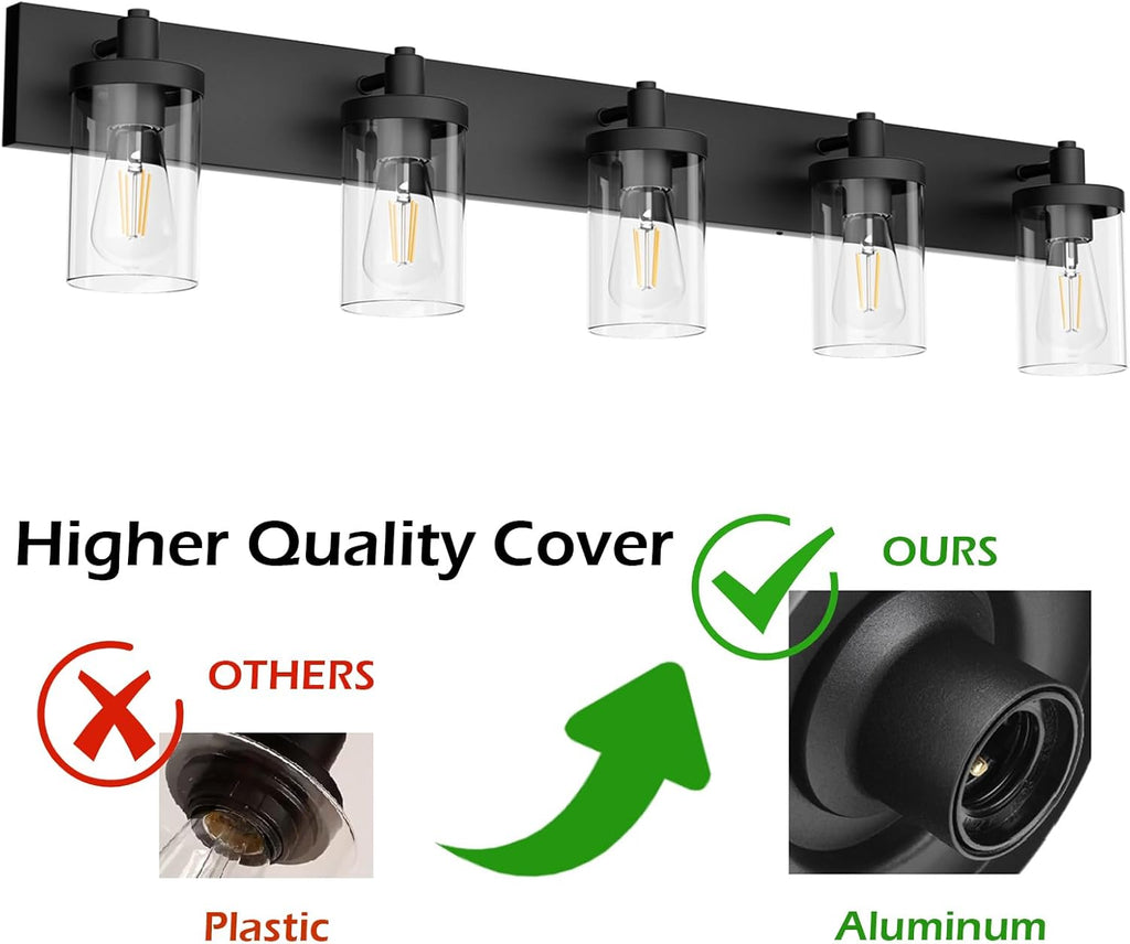 Aipsun Matte Black Bathroom Vanity Light Fixtures 5 Lights Industrial Lighting Fixtures Over Mirror with Clear Glass Shade(Exclude Bulb)