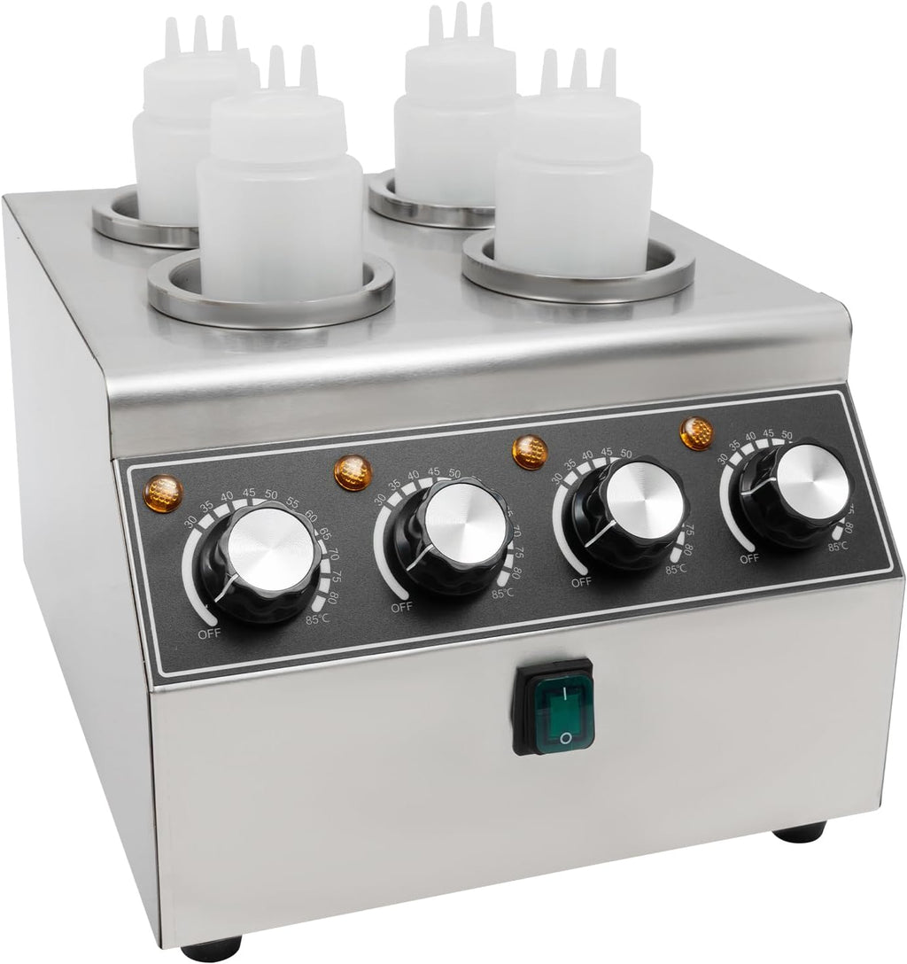 Electric Sauce Warmer Dispenser, 4 Grids Countertop Stainless Steel Sauce Heat Preservation Machine Hot Fudge Bottle Warmer Nacho Cheese Warmer Dispenser 86-185 ℉ 650ml