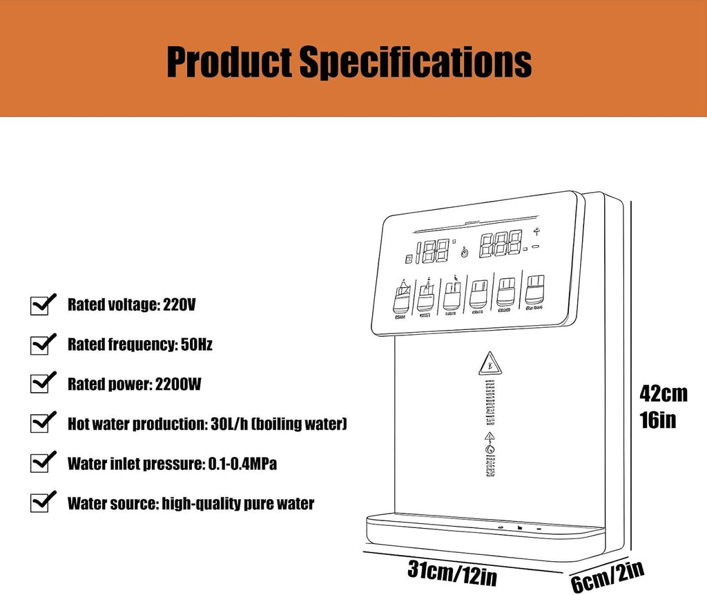 Wall-Mounted Mains Fed Unit Water Dispenser, Automatic Kitchen Cold Despenser with Safety Children's Lock, Hot Water 20L/h, for House Hold/Office(Black)