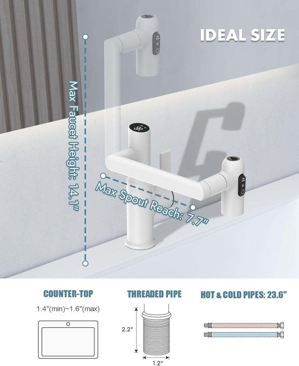 Lefton Rotatable Bathroom Faucet with Temperature Display in Fahrenheit (Batteries-Free), 3 Water Outlet Modes, White, BF2204-4