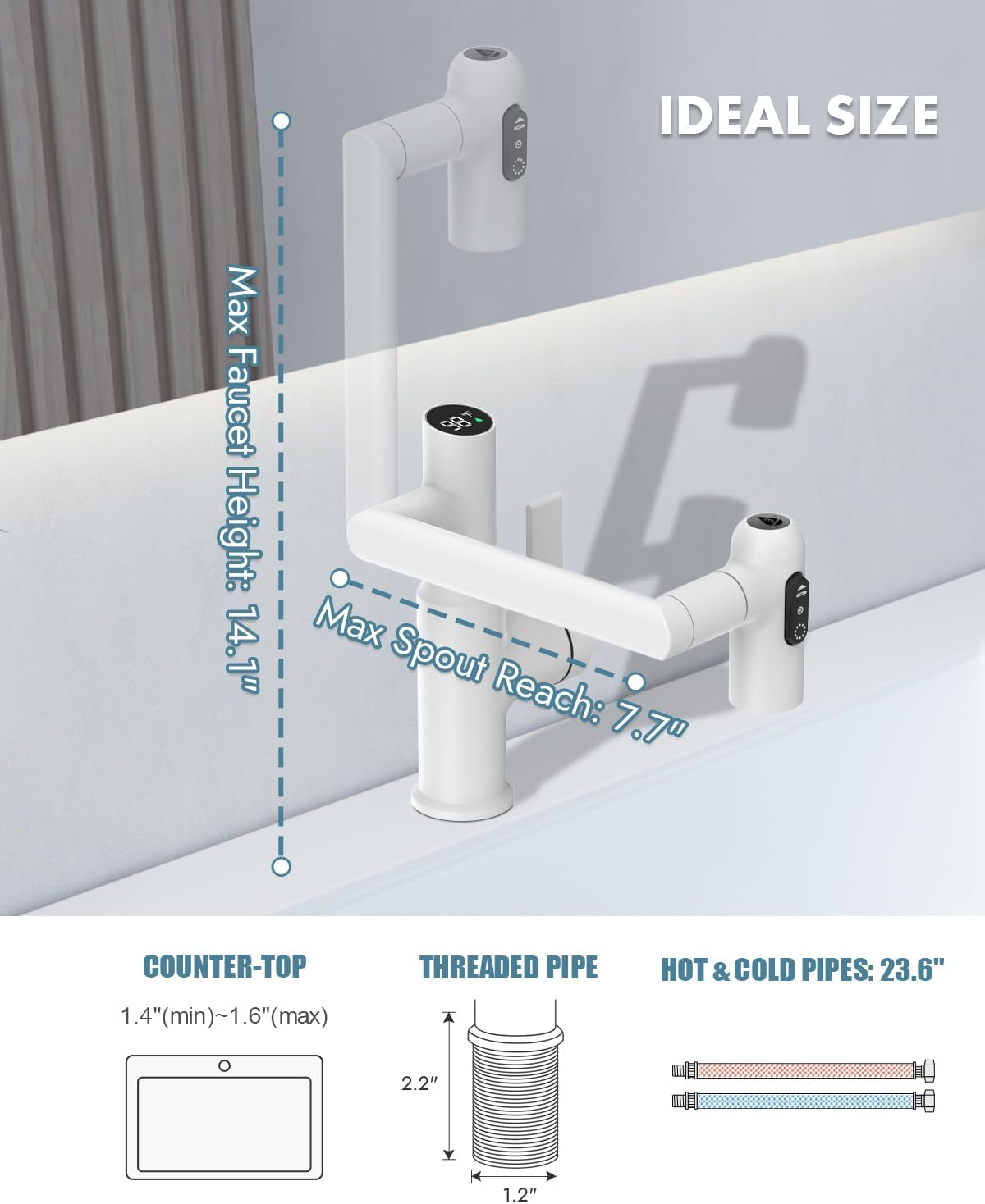 Lefton Rotatable Bathroom Faucet with Temperature Display in Fahrenheit (Batteries-Free), 3 Water Outlet Modes, White, BF2204-4