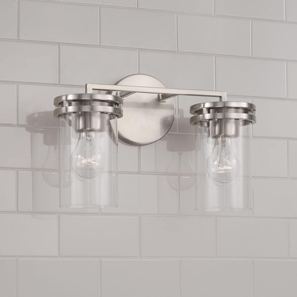 HomePlace by Capital Lighting 148721BN-539 Fuller Transitional Clear Glass Cylinder Vanity Light for Bathroom, 2-Light 200 Total Watts, 10' H x 14' W, Brushed/Satin Nickel