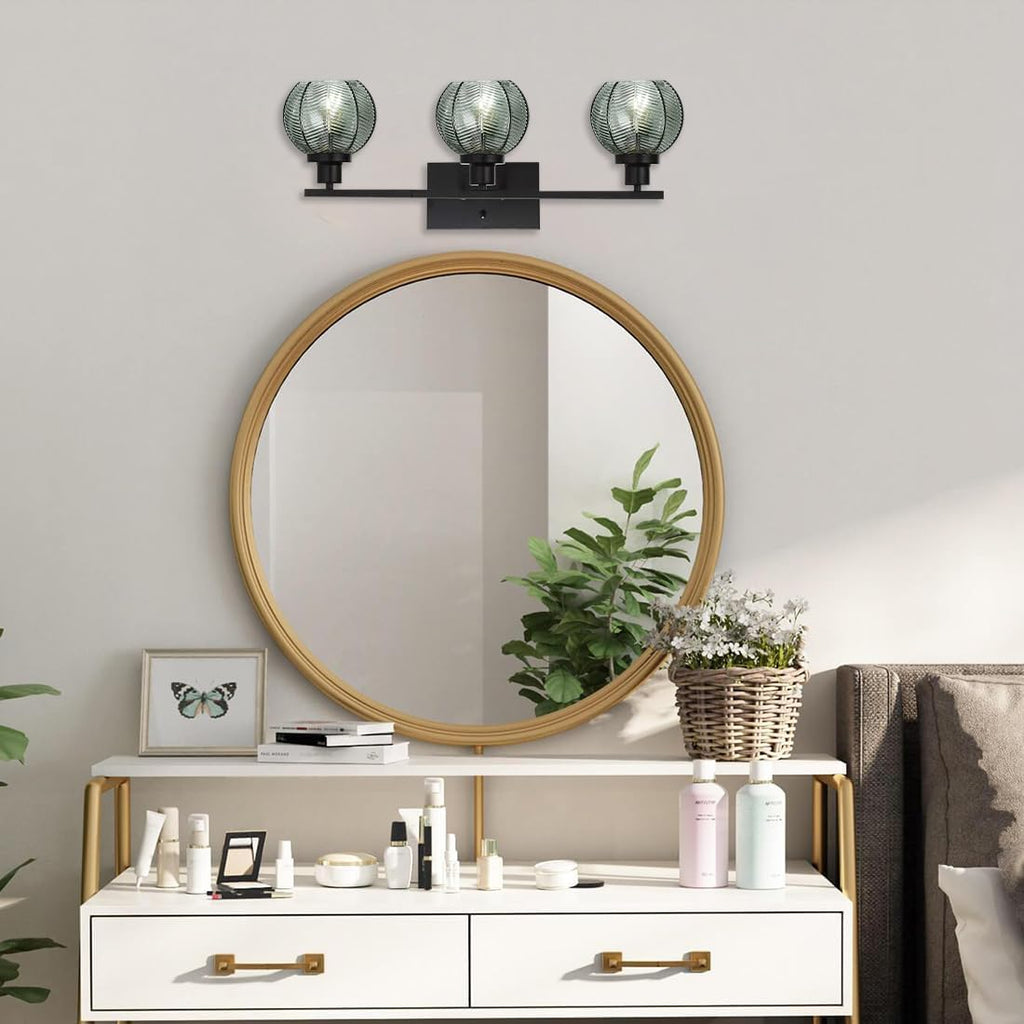 3-Light Bathroom Light Fixture Green Wall Lights with Ribbed Glass Shade Black Vanity Light Over Mirror Mid Century Wall Sconce for Bedside Bedroom Living Room