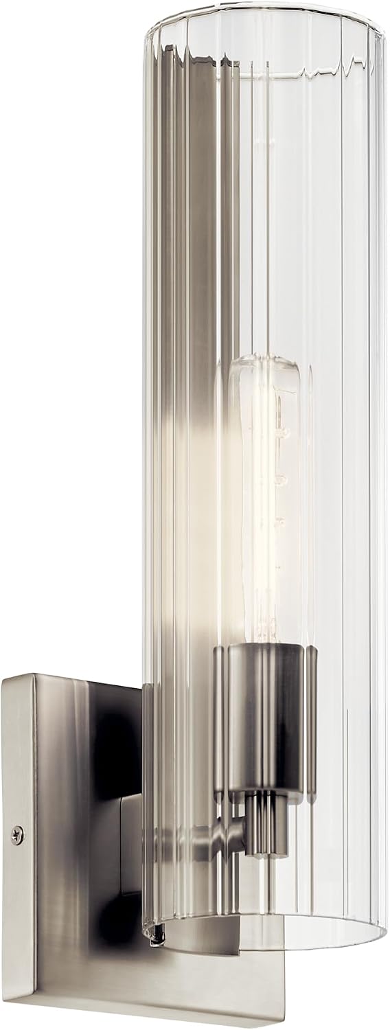 Kichler Jemsa 1 Light Wall Sconce, Modern Light with Clear Fluted Glass in Brushed Nickel for Bathroom, Powder Room, Sides of Fireplace, Down a Hallway, Kitchen, or Bedroom (14' x 4.75'), 55165NI