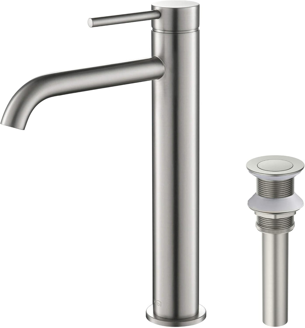 KIBI Solid Brass Single Handle Single Hole Circular Faucet for Bathroom Sink with Pop Up Drain | High Arc Faucet Spout Design | Corrosion and Rust Resistant (Brushed Nickel, KBF1009)