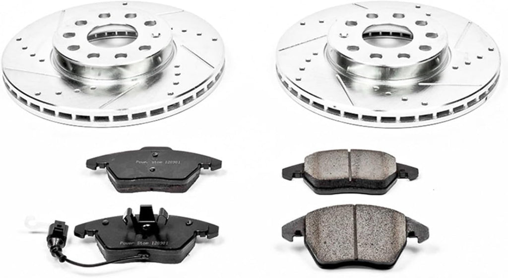 PowerStop Front Brake Kit for Audi A3 2010-13 |Volkswagen Beetle 2012-19 |Golf 2010-14 |Jetta 2005-18 - Drilled and Slotted Disc Rotors with Carbon-Fiber Ceramic Brake Pads Replacement, K4623