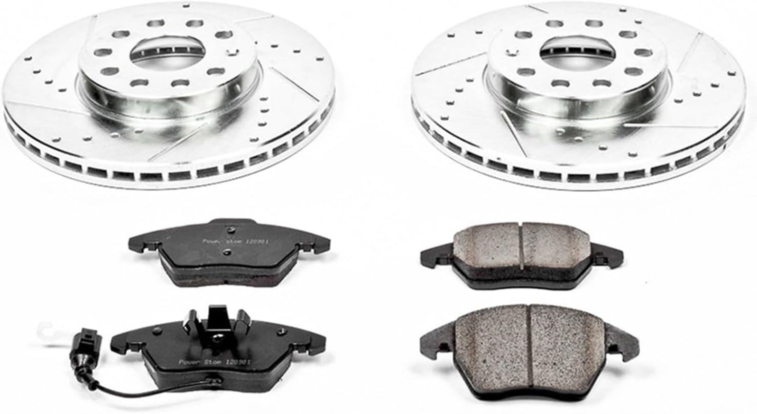 PowerStop Front Brake Kit for Audi A3 2010-13 |Volkswagen Beetle 2012-19 |Golf 2010-14 |Jetta 2005-18 - Drilled and Slotted Disc Rotors with Carbon-Fiber Ceramic Brake Pads Replacement, K4623