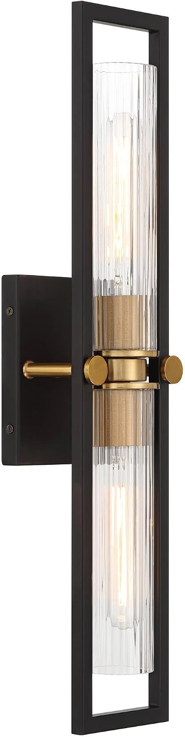 Stiffel Ramos 24' High Modern Art Deco 2 Light Wall Sconce Light Lamp Fixture Mount Bathroom Bedroom Bedside Living Room Hardwired Cordless Matte Black Antique Brass Glass Shade Indoor Kitchen