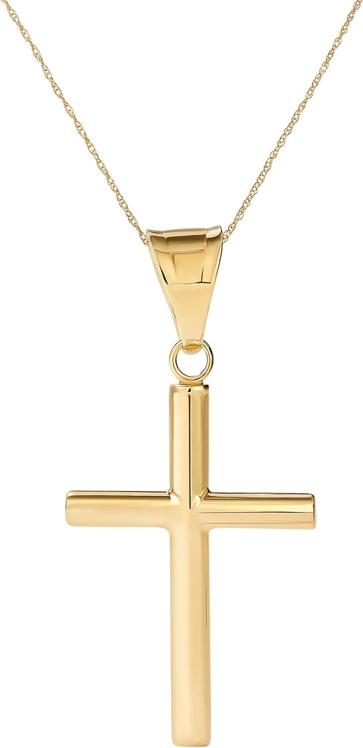 Amanda Rose Collection Dainty Tube Cross Pendant for Women – Choice of 10K or 14K Yellow or White Gold – Real Gold Cross Necklace Charm, Pendant Only or with Adjustable Gold Chain