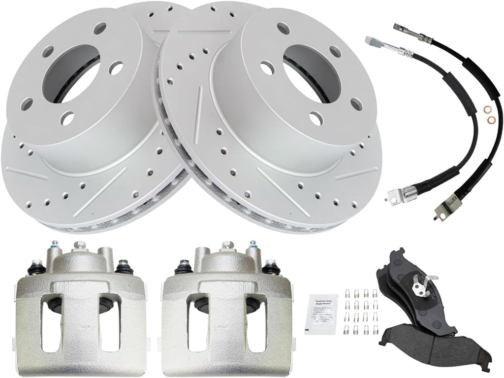TRQ Performance Front Brake Pad and Rotor Set Semi Metallic Coated Rotors Calipers Compatible with 1990-1998 Jeep Cherokee 1990-1992 Comanche 1993-1998 Grand Cherokee 1990 Wagoneer 1997-1999 Wrangler