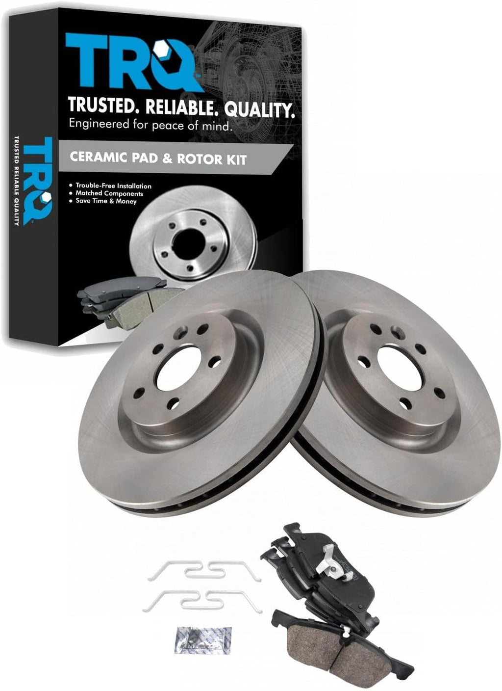 TRQ Front Brake Pad and Rotor Set Ceramic Compatible with 2018-2019 Jaguar E-Pace 2015-2019 Land Rover Discovery Sport 2016-2019 Range Rover Evoque
