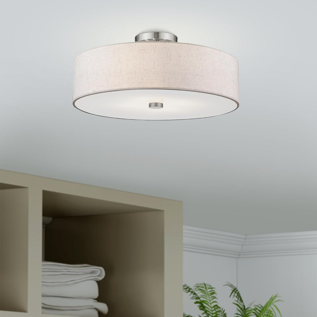 Livex Lighting 52136-91 Meridian Collection 4-Light Semi Flush Mount Ceiling Fixture with Oatmeal Color Fabric Hardback Drum Shade and Satin White Diffuser, Brushed Nickel