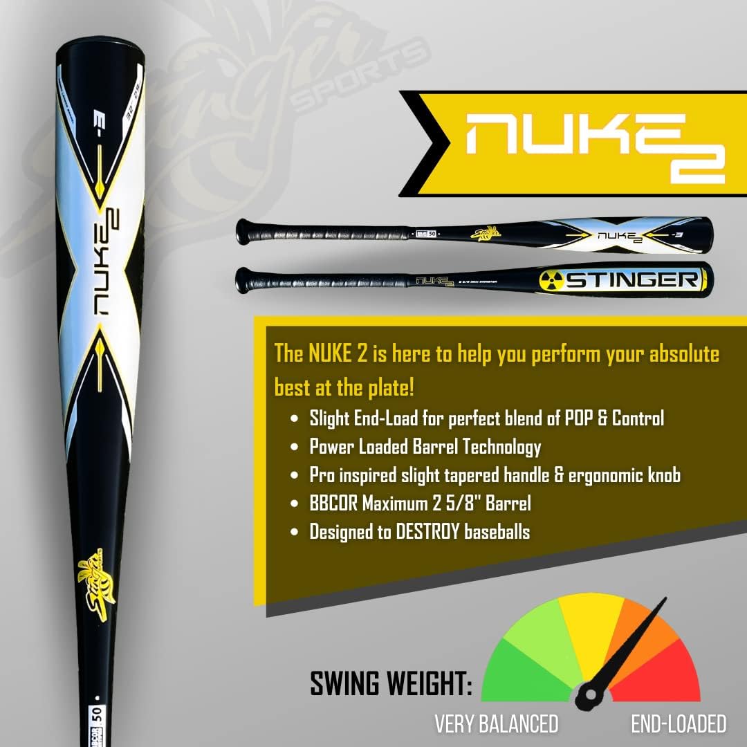 Stinger Nuke 2 BBCOR Baseball Bat - 3 Drop - 2 5/8' Barrel - Available in 31' to 34' - Drop 3 Baseball Bat for Middle School, High School, or College