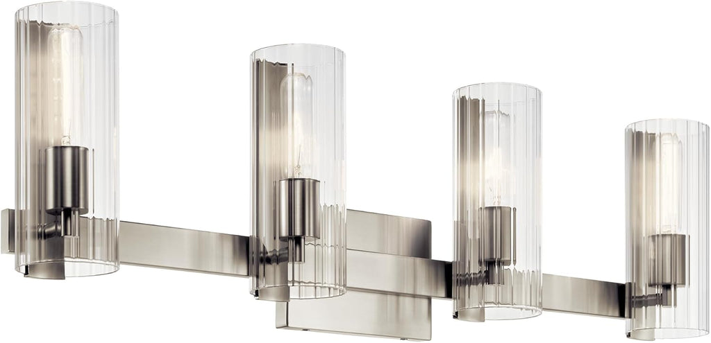 Kichler Jemsa 4-Light Bathroom Vanity Light Fixture with Clear Fluted Glass in Brushed Nickel, Modern Wall Mount Light for Bathroom or Powder Room (9.75' x 32'), 55169NI