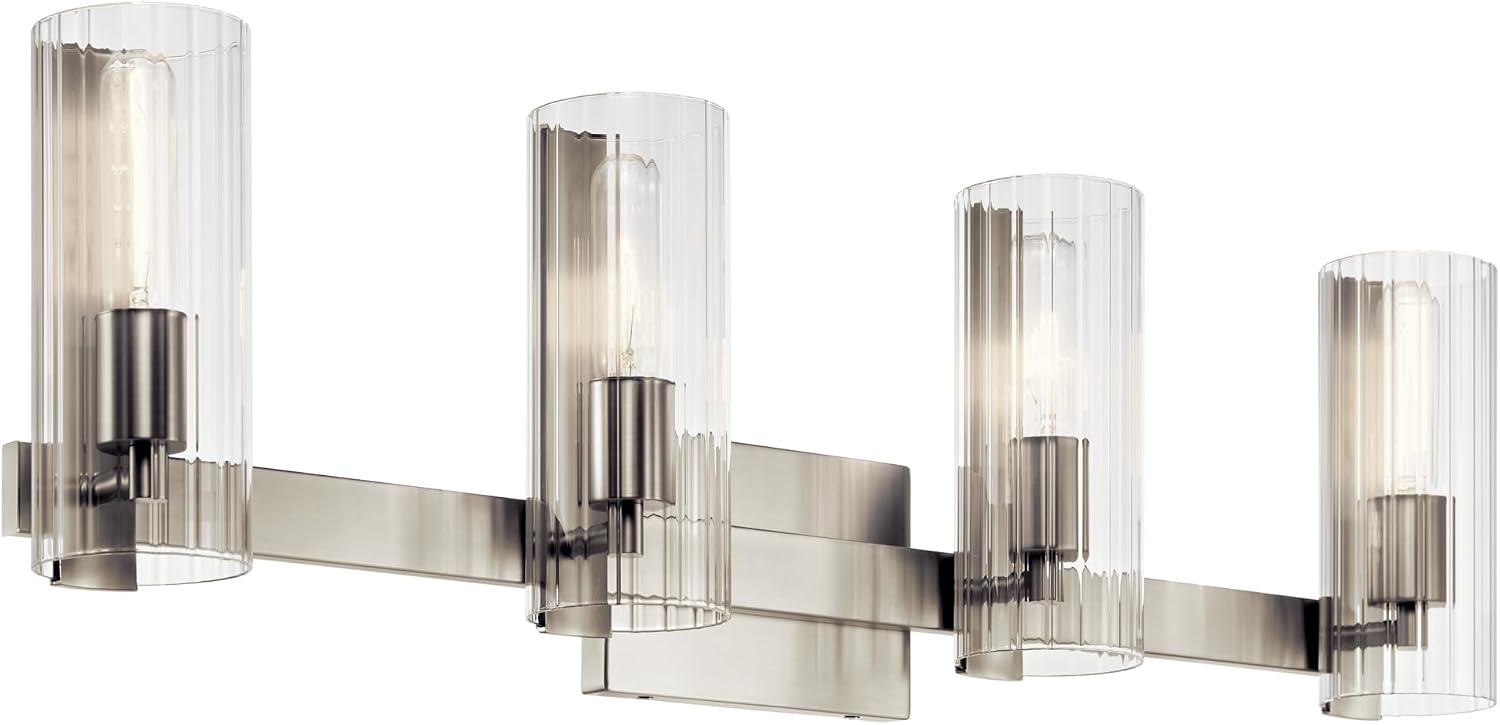 Kichler Jemsa 4-Light Bathroom Vanity Light Fixture with Clear Fluted Glass in Brushed Nickel, Modern Wall Mount Light for Bathroom or Powder Room (9.75' x 32'), 55169NI